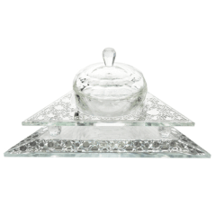 Crystal Honey Dish Triangle Shape With Pomegranate Silver
