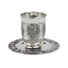 Nickle Plated Kiddush Cup and Tray - Grapes