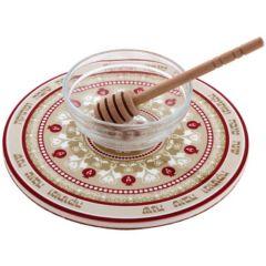 Ceramic Rosh Hashanah Plate w/ Honey Dish & Spoon - Pomegranate (Red)
