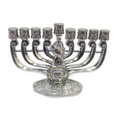 Silver Polyresin Menorah with Oil Jug - Jerusalem Design