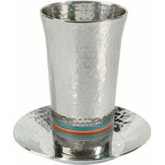 Nickel Hammered Kiddush Cup and Plate - Silver/ Multicolor - Yair Emanuel Collection