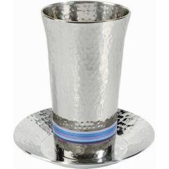 Nickel Hammered Kiddush Cup and Plate - Silver/ Blues - Yair Emanuel Collection