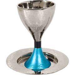 Nickel/ Anodized Hammered Kiddush Cup Modern - Turquiose Pedastal - Yair Emanuel Collection