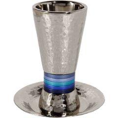 Nickel/ Anodized Aluminum Hammered Kiddush Cup Cone Shape - Blue Rings - Yair Emanuel Collection