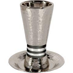 Nickel/ Anodized Aluminum Hammered Kiddush Cup Cone Shape - Black Rings - Yair Emanuel Collection