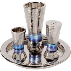 Nickel Havdalah Set - Hammered Conical Shape- Blue Rings  -Yair Emanuel Collection