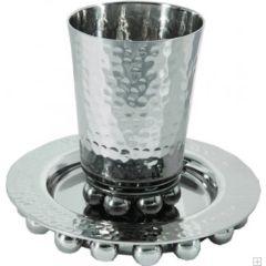 Alluminum Kiddush Cup and Plate with Beads - Silver - Yair Emanuel Collection