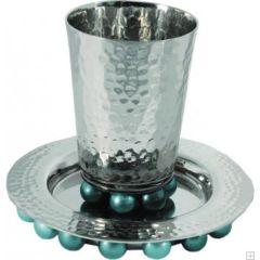 Alluminum Kiddush Cup and Plate with Beads - Blue - Yair Emanuel Collection