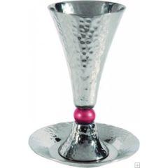 Alluminum Kiddush Cup and Plate with Single Bead - Red - Yair Emanuel Collection