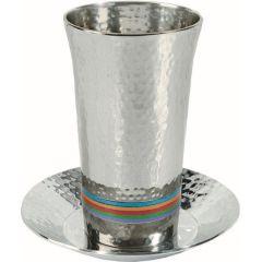 Nickle/ Anodized Alluminum Hammered Kiddush Cup and Plate Silver/ Multicolor - Yair Emanuel Collection