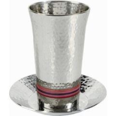 Nickle/ Anodized Alluminum Hammered Kiddush Cup and Plate Silver/ Reds - Yair Emanuel Collection