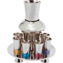 Nickle Hammered Kiddush Fountain + Goblet + 8 Cups - Multicolor