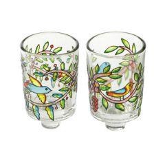 Painted Glass Candle Holder - Pair - Birds and Flowers