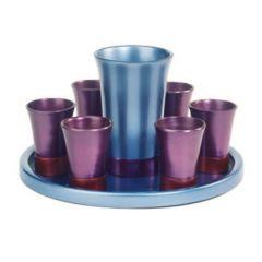 Anodized Aluminum Kiddush Set with Tray - Blue and Lavender (Set)