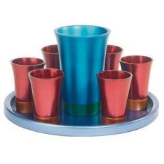 Anodized Aluminum Kiddush Set with Tray - Turquoise and Red (Set)