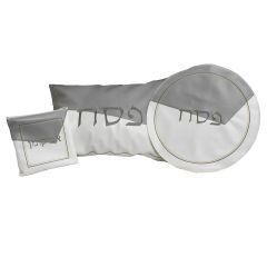 White and Grey Leatherette Seder Set with Gold Stitch Detail