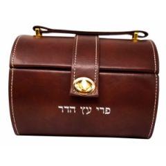 Faux Leather Esrog Box With Handle And Lock - Brown