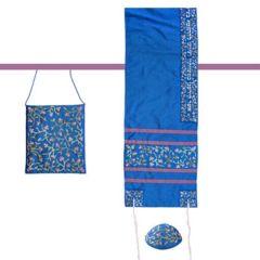 Embroidered Raw Silk Tallit  - Tallisack  - Flowers (Blue) - Yair Emanuel Collection