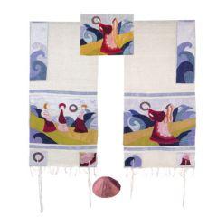 Embroidered Raw Silk Tallit  - Miriam and the drum  (Multicolor)- Yair Emanuel Collection