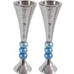 Anodized Aluminum Beaded Stem Hammered Candlesticks - Silver/Turquoise  (Yair Emanuel Collection)