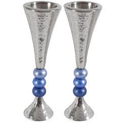 Anodized Aluminum Beaded Stem Hammered Candlesticks - Silver/Blues (Yair Emanuel Collection)