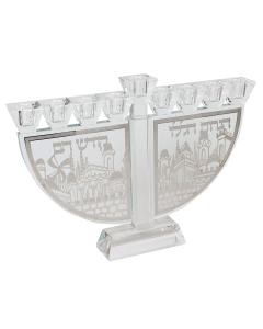 Crystal menorah With Silver Jerusalem Haneroth Haluli 9.5"H