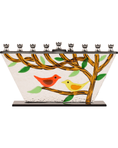 Hand Crafted Glass Menorah "Tree of Life - Birds"