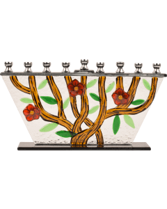 Hand Crafted Glass Menorah "Tree of Life - Flowers"