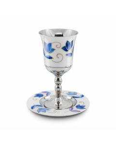 STAINLESS STEEL WHITE/BLUE TULIPS KIDDUSH CUP ON STEM/SAUCER