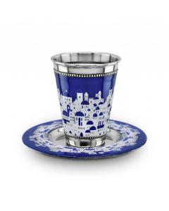 STAINLESS STEEL BLUE JERUSALEM KIDDUSH CUP/SAUCER