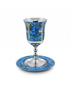 HAMMERED STAINLESS STEEL/LIGHT BLUE VITRAJ KIDDUSH CUP ON STEM/SAUCER