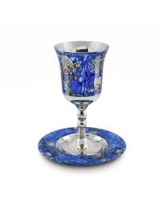 HAMMERED STAINLESS STEEL/BLUE VITRAJ KIDDUSH CUP ON STEM/SAUCER