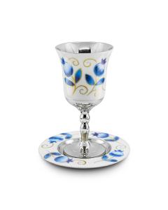 STAINLESS STEEL WHITE/BLUE POMEGRANATES KIDDUSH CUP ON STEM/SAUCER