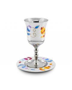 STAINLESS STEEL WHITE/COLORFUL POMEGRANATES KIDDUSH CUP ON STEM/SAUCER