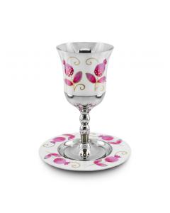 STAINLESS STEEL WHITE/RED POMEGRANATES KIDDUSH CUP ON STEM/SAUCER