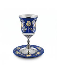 STAINLESS STEEL BLUE/GOLD COLOR POMEGRANATES KIDDUSH CUP ON STEM/SAUCER