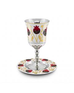 STAINLESS STEEL WHITE/RED-GOLD COLOR POMEGRANATES KIDDUSH CUP ON STEM/SAUCER