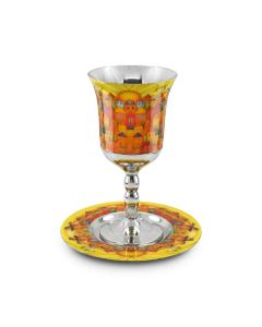 HAMMERED STAINLESS STEEL COLORFUL JERUSALEM KIDDUSH CUP ON STEM/SAUCER