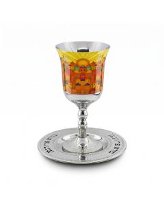 HAMMERED STAINLESS STEEL COLORFUL JERUSALEM/"BORE" ETCHING KIDDUSH CUP ON STEM/SAUCER