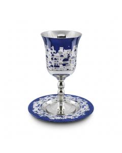 HAMMERED STAINLESS STEEL BLUE JERUSALEM KIDDUSH CUP ON STEM/SAUCER