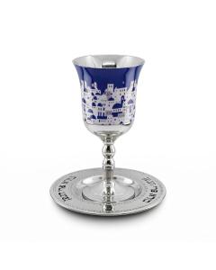 HAMMERED STAINLESS STEEL BLUE JERUSALEM/"BORE" ETCHING KIDDUSH CUP ON STEM/SAUCER