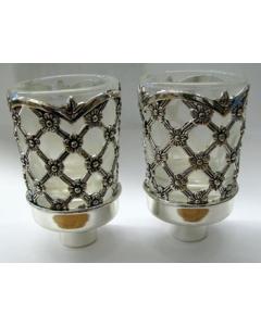 Neronim Glass Candle Holder Flowers Design - Silverplated