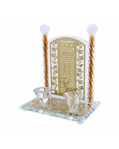 6 Crystal Candlesticks Inscribed w/ Blessing Plaque - Pomegranate Motif