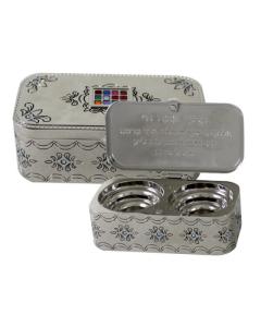 Nickel Travel-Size Candlesticks in a Box with Cover Inlaid with Choshen Stones