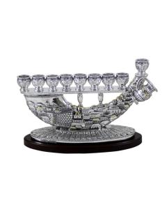 Silvered Polyresin Menorah - Jerusalem Shofar Design with Oil Jug on Wood Base