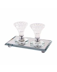 Pair Elegant Crystal Candlesticks 8cm With Elegant Tray 18x10 Cm