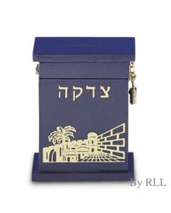 Blue Enameled Wood Tzedakah Box