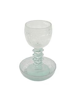 Frosted Crystal Jerusalem Kiddush Cup w/ Stem & Saucer