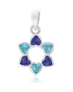 Sterling Silver Star of David Pendant - Blue Hearts