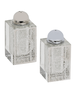 Crystal Salt And Pepper Shaker Set Broken Glass & Shabbat Kodesh Silver Design